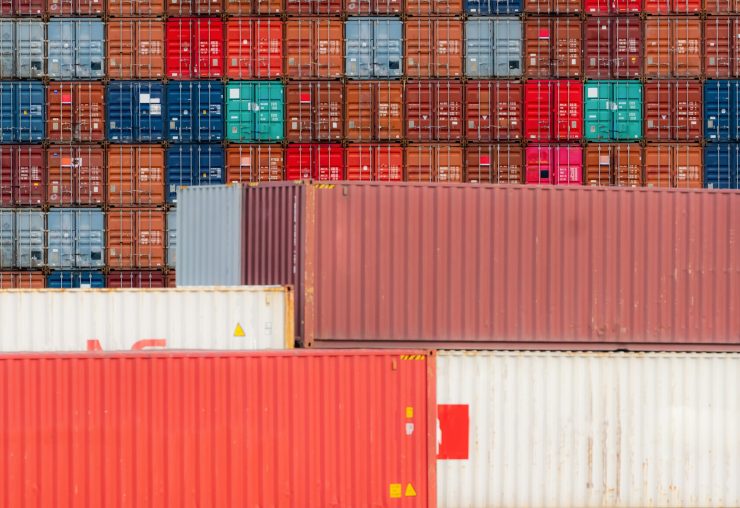 Stack of logistics container. Cargo and shipping business. Container ship for export logistics.